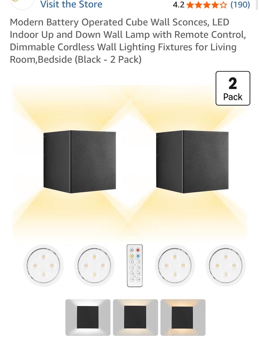 Modern Battery-Operated Black Cube Wall Sconces with Remote (2 Pack)